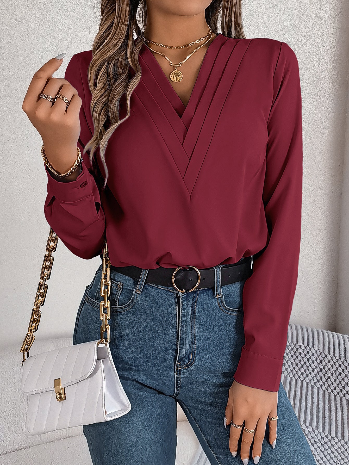 Blouse Femme Col en V Croisé Manches Longues