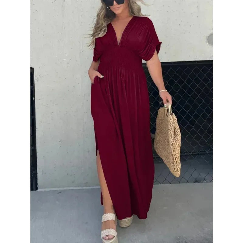 Robe Femme Manches Chauve-Souris Col en V