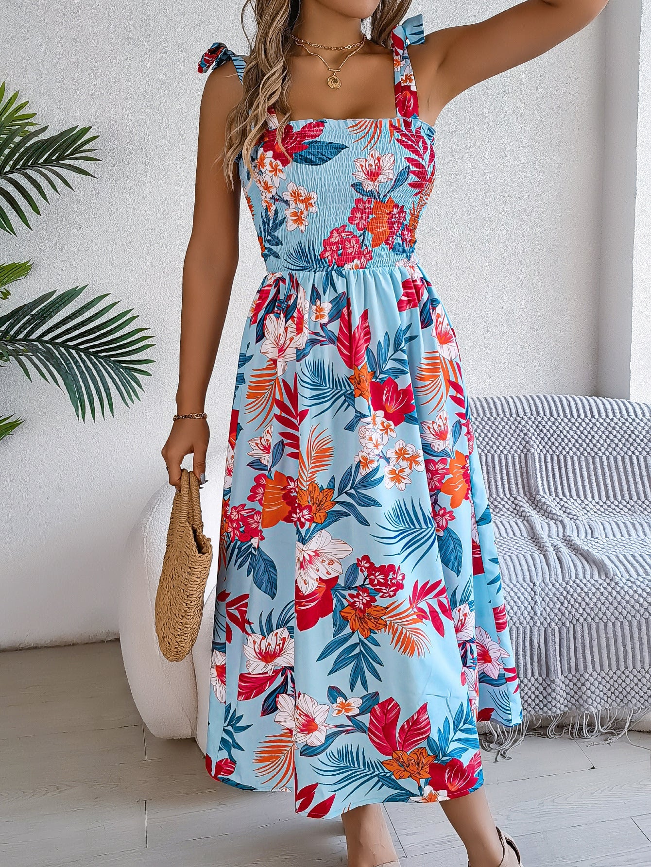 Robe Fleurie Sans Manches Taille Haute