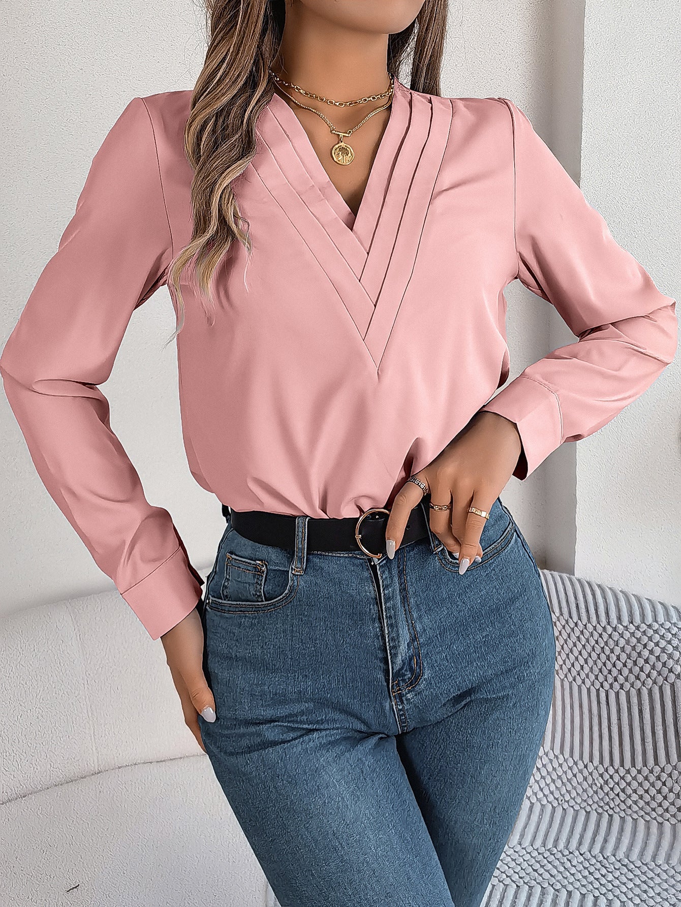 Blouse Femme Col en V Croisé Manches Longues