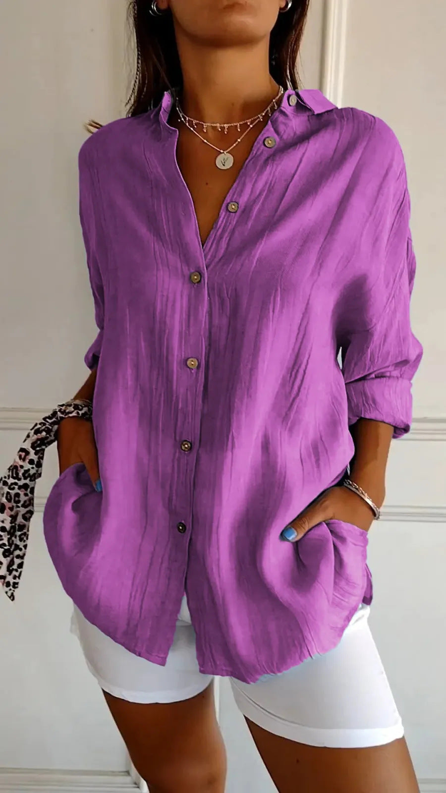 Chemise Femme Oversize Lin Col Chemisier Manches Longues