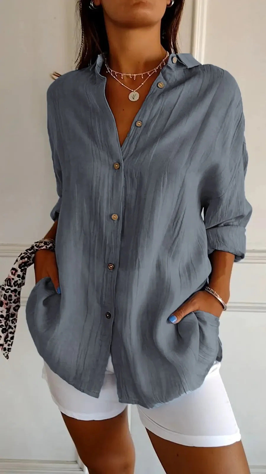 Chemise Femme Oversize Lin Col Chemisier Manches Longues