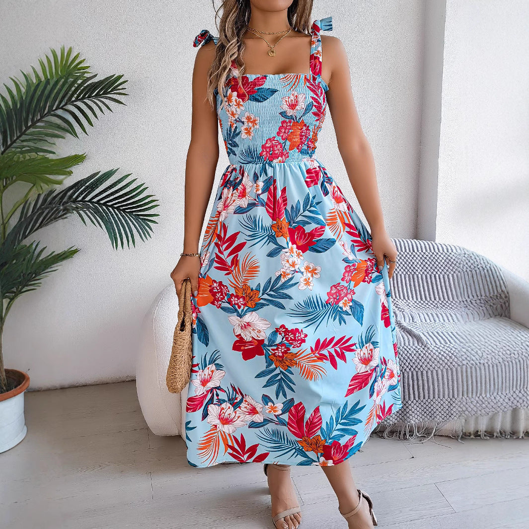 Robe Fleurie Sans Manches Taille Haute
