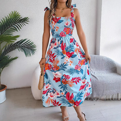 Robe Fleurie Sans Manches Taille Haute