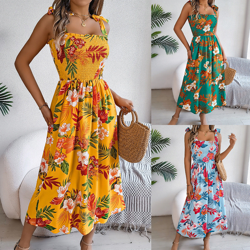 Robe Fleurie Sans Manches Taille Haute