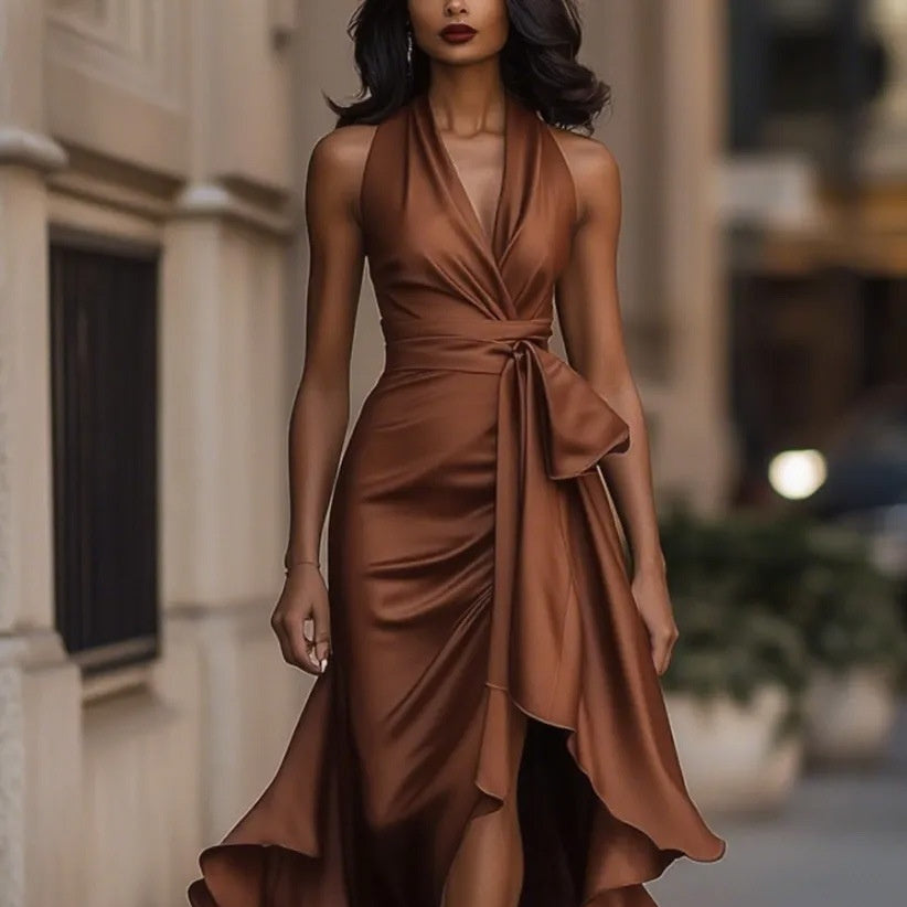 Robe de Soirée Femme Satin Col en V