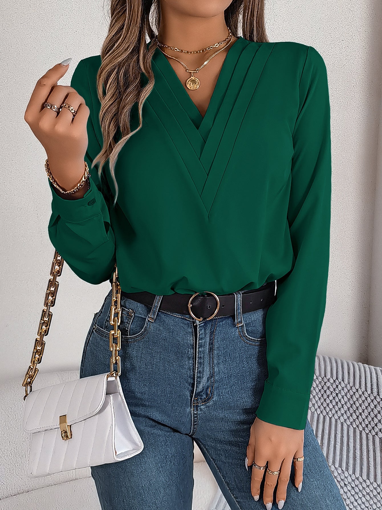 Blouse Femme Col en V Croisé Manches Longues