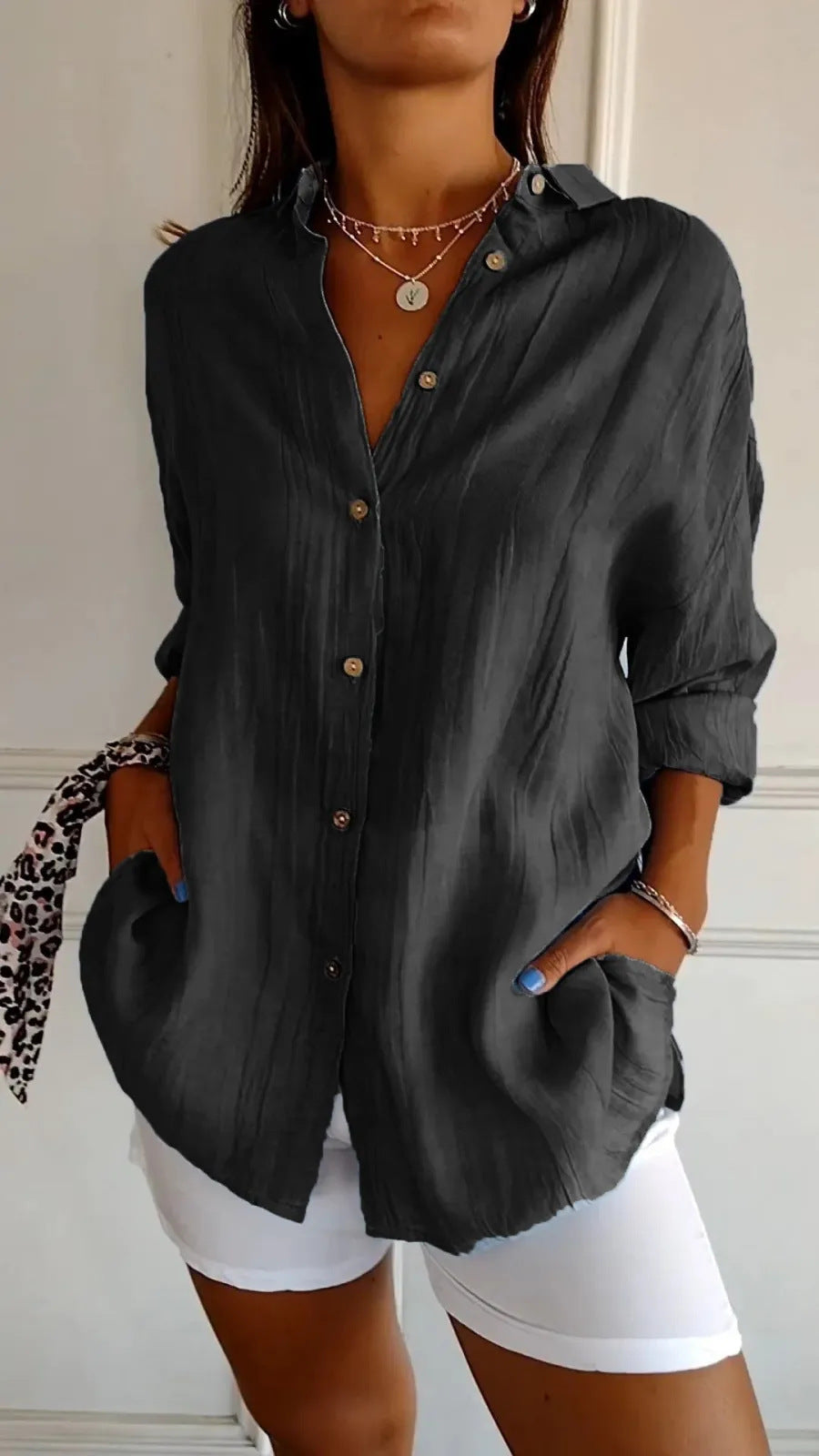 Chemise Femme Oversize Lin Col Chemisier Manches Longues