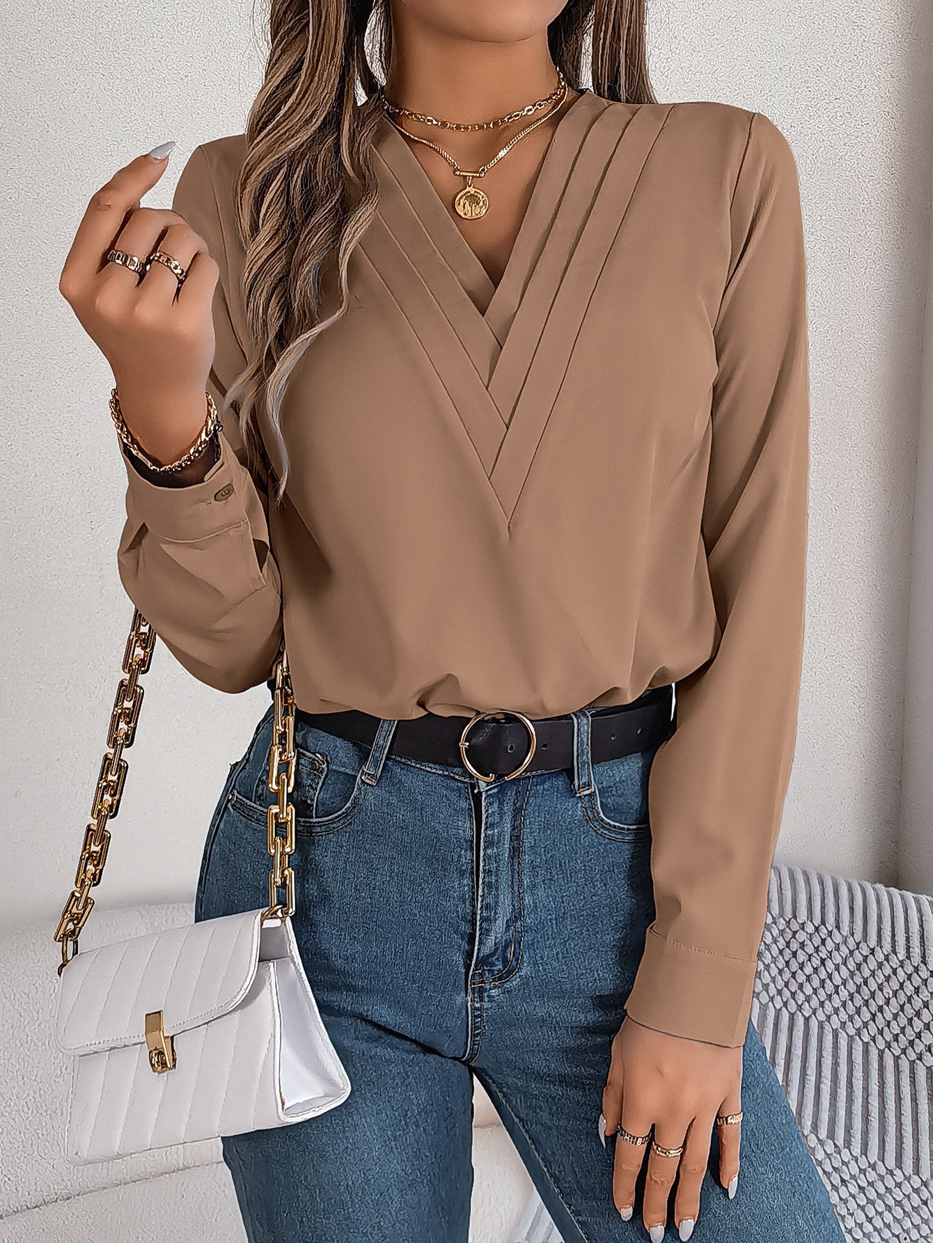 Blouse Femme Col en V Croisé Manches Longues