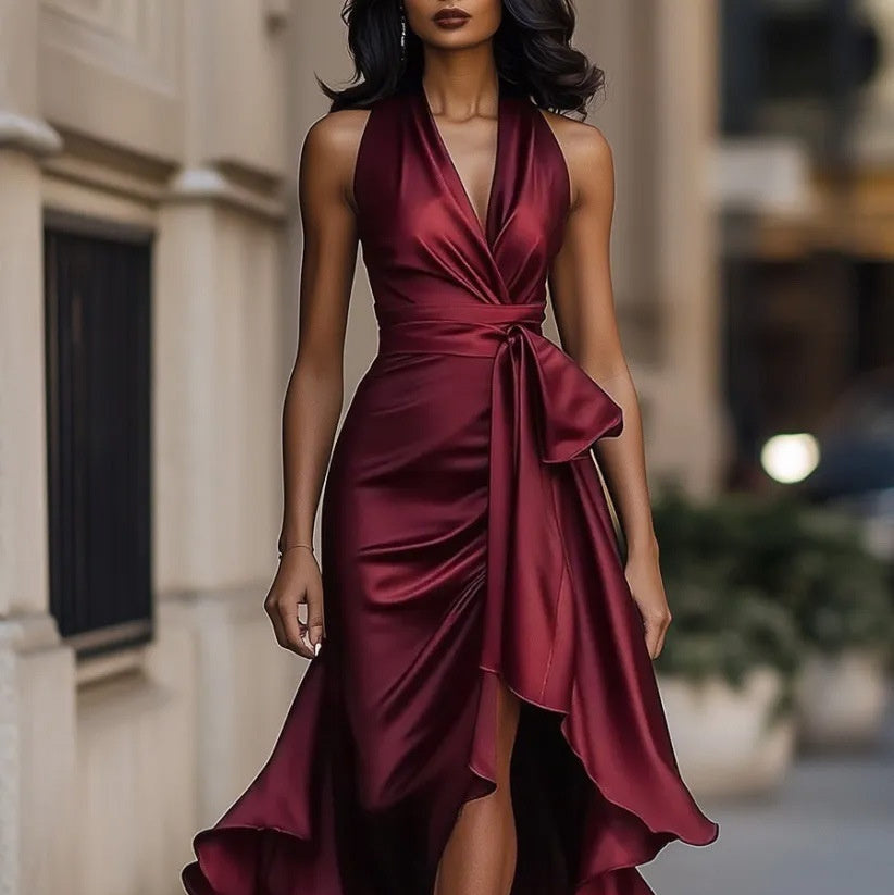 Robe de Soirée Femme Satin Col en V