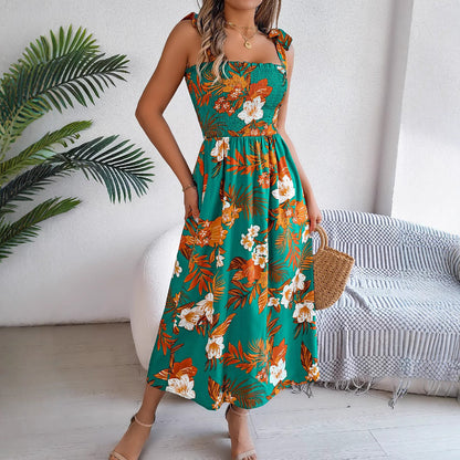 Robe Fleurie Sans Manches Taille Haute